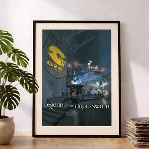 Könnte beinhalten: Ein gerahmtes Poster mit dem Album-Cover von GZA Genius Legend of the Liquid Sword. Die dunkle, futuristische Szene zeigt ein großes gelbes GZA-Logo an einer Wand, eine Figur auf einem Motorrad und den Text Legend of the Liquid Sword unten.