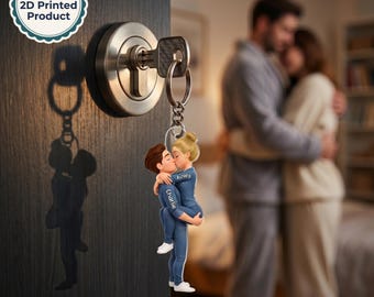 Llavero acrílico personalizado de pareja besándose, llavero acrílico plano 2D, llavero personalizado de pareja de doble cara, regalo de aniversario para ella y para él.