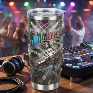 Op de afbeelding: Een roestvrijstalen beker met een grafische print van een DJ-mengpaneel, koptelefoon en vinylplaten. Het ontwerp bevat een kleurrijke equalizer-weergave, laserlichten en de tekst DJ MAX gedrukt op de voorzijde van het mengpaneel.