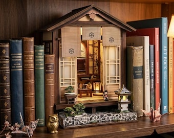 Sujetalibros de madera con rompecabezas 3D, miniatura de casa de jardín japonés con lámpara de musgo, kit de modelo DIY, regalo de decoración para el hogar.