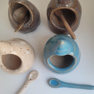 Hand made ceramic tiny  salt pots with spoon.