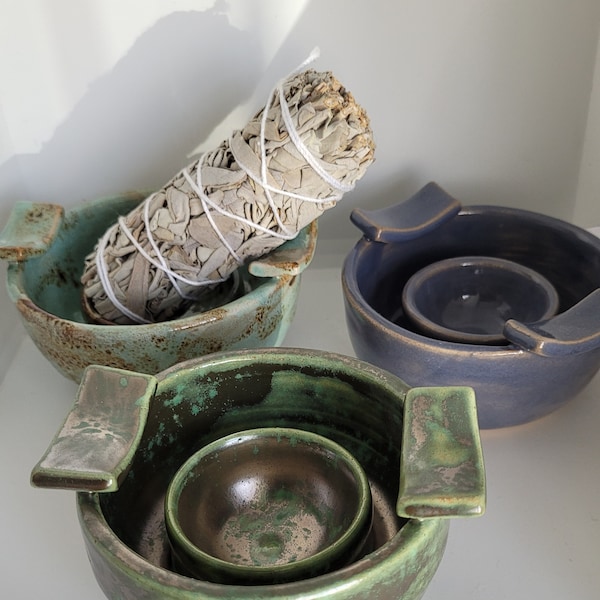 Hand thrown ceramic smudge bowls with white sage smudge stick