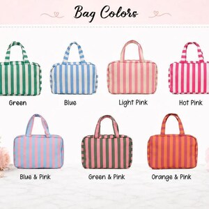 May include: Seven rectangular zippered bags with two top handles, each featuring vertical stripes in various color combinations: green, blue, light pink, hot pink, blue and pink, green and pink, and orange and pink, labeled with their respective colors.