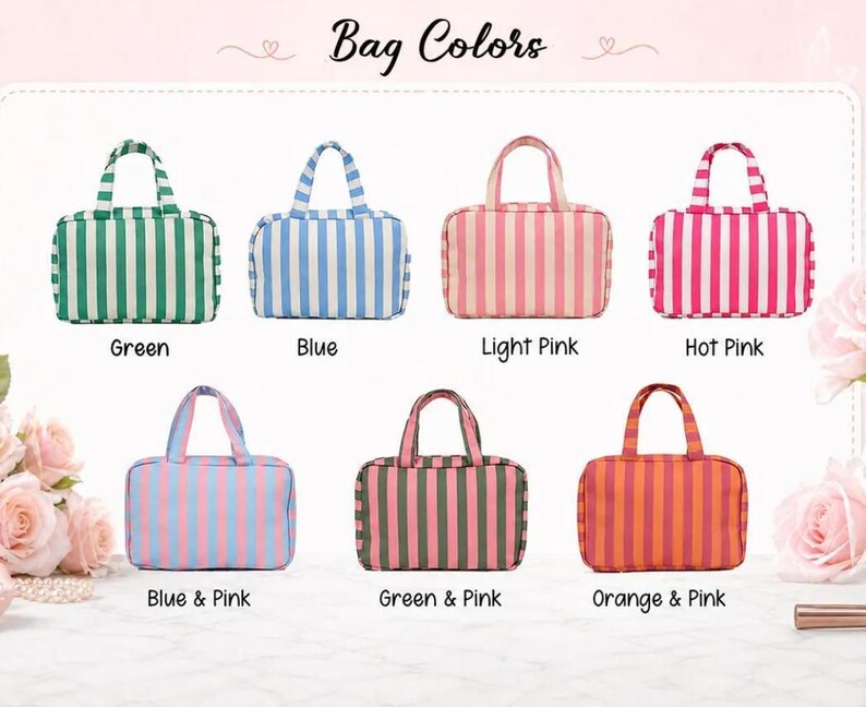 May include: Seven rectangular zippered bags with two top handles, each featuring vertical stripes in various color combinations: green, blue, light pink, hot pink, blue and pink, green and pink, and orange and pink, labeled with their respective colors.