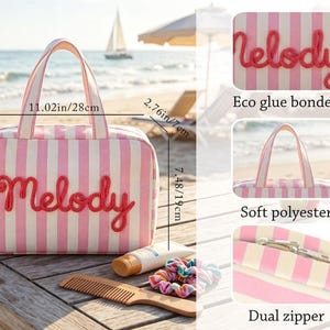 May include: A pink and white striped rectangular bag with the word Melody embroidered in red script. It measures 11.02 inches wide, 2.76 inches deep, and 7.48 inches high. Features include eco glue bonding, soft polyester fabric, and a dual zipper.