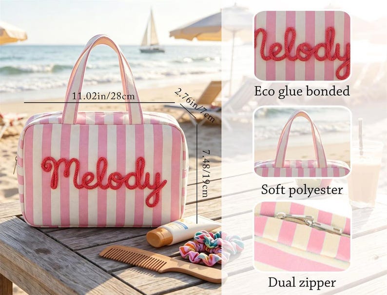 May include: A pink and white striped rectangular bag with the word Melody embroidered in red script. It measures 11.02 inches wide, 2.76 inches deep, and 7.48 inches high. Features include eco glue bonding, soft polyester fabric, and a dual zipper.