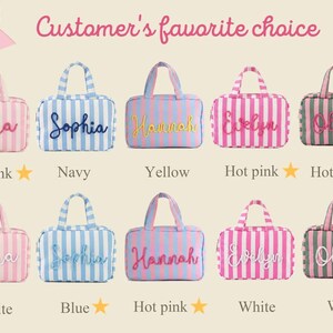 May include: A collection of ten rectangular striped cosmetic bags with top handles, each featuring a personalized name in cursive script. The bags come in various color combinations including pink, blue, yellow, and green stripes with matching text.
