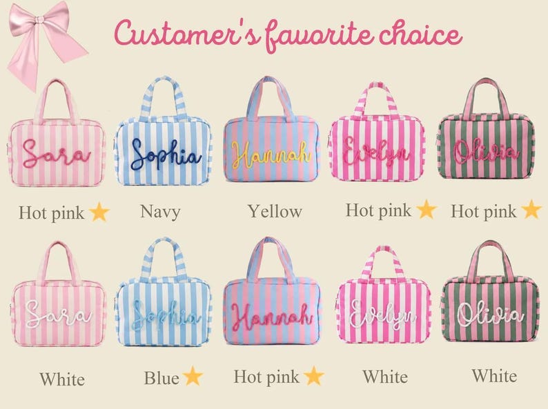 May include: A collection of ten rectangular striped cosmetic bags with top handles, each featuring a personalized name in cursive script. The bags come in various color combinations including pink, blue, yellow, and green stripes with matching text.
