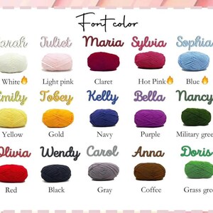 May include: A color chart displaying fifteen yarn balls in various shades including white, light pink, claret, hot pink, blue, yellow, gold, navy, purple, military green, red, black, gray, coffee, and grass green, each paired with a name.