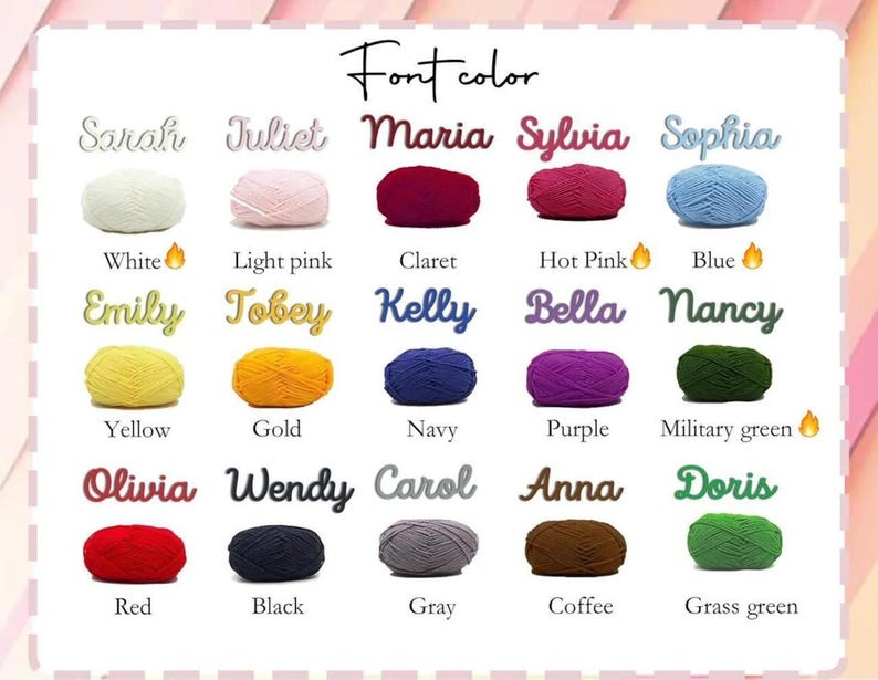 May include: A color chart displaying fifteen yarn balls in various shades including white, light pink, claret, hot pink, blue, yellow, gold, navy, purple, military green, red, black, gray, coffee, and grass green, each paired with a name.