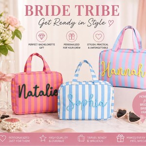 May include: Three rectangular travel bags with top handles and vertical stripes in pink and orange, blue and white, and pink and blue. Each bag features a raised, cursive name in a contrasting color: Natalie in dark green, Sophia in blue, and Hannah in yellow.