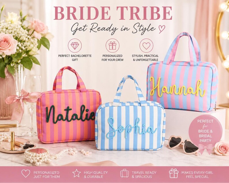May include: Three rectangular travel bags with top handles and vertical stripes in pink and orange, blue and white, and pink and blue. Each bag features a raised, cursive name in a contrasting color: Natalie in dark green, Sophia in blue, and Hannah in yellow.