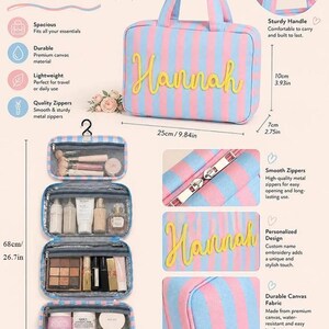 May include: A rectangular makeup bag with pink and blue vertical stripes, featuring the name Hannah in yellow script. It includes a top handle, metal zippers, and an interior with four zippered compartments for organizing cosmetics and toiletries.