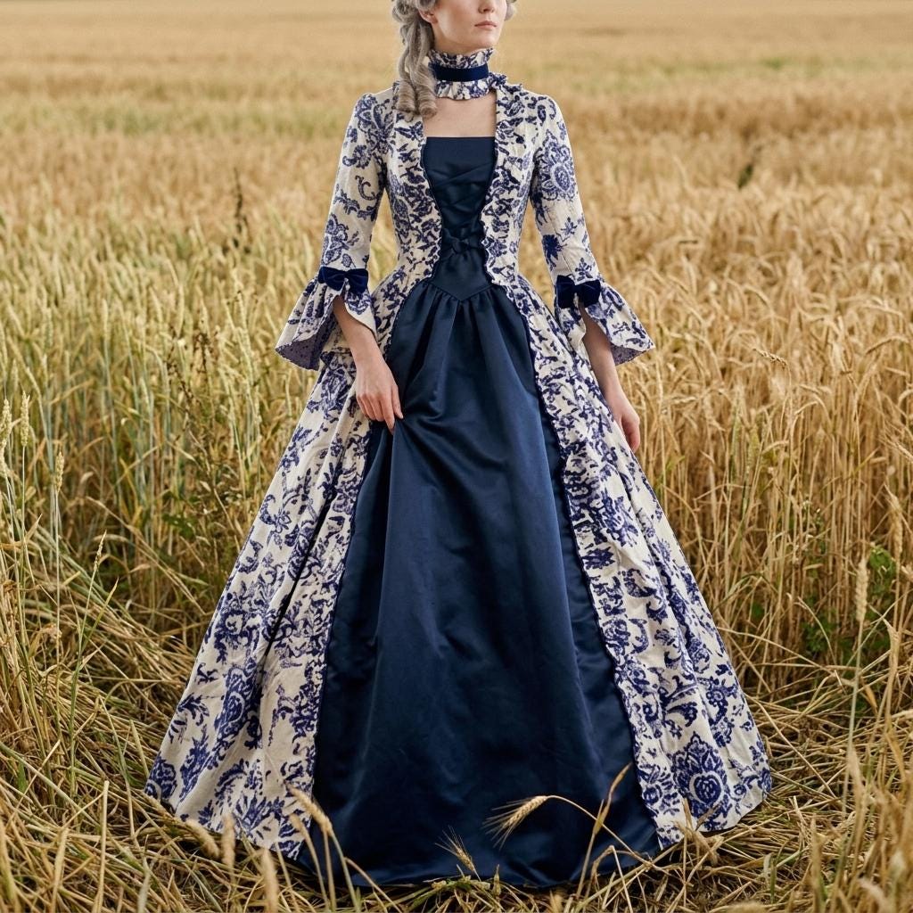 blue rococo dress Blue Rococo Court Dress with Ruffles and Satin Panels 18th Century Marie Antoinette Gown Size 6 / Light Blue
