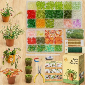 May include: A craft kit for making beaded plants, including two clear plastic organisers filled with assorted green, red, orange, and clear beads, floral wire, pliers, moss-filled pots, an instruction sheet, and a box labelled Beads for Plant Making Set.