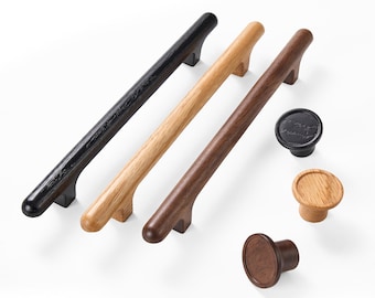 Solid Wood Cabinet Handles and Knobs, Walnut, Oak and Black Oak Drawer Pulls, Modern Kitchen, Dresser and Wardrobe Hardware, 96–320mm