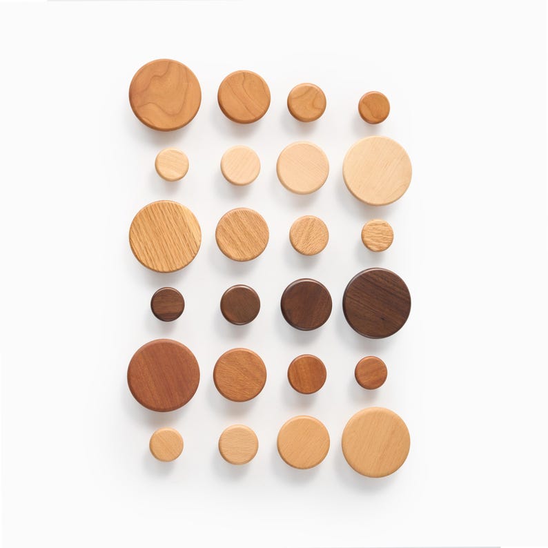Op de afbeelding: Een collectie van twintig ronde houten wandhaken gerangschikt in een raster. De haken vari&euml;ren in grootte en vertonen diverse houtnerfpatronen en natuurlijke kleurtinten, vari&euml;rend van lichtbeige en tan tot medium bruin en donker espresso.