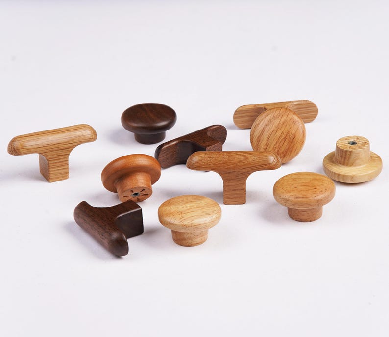 Assorted Solid Wood Cabinet Knobs, Natural Wooden Drawer Pulls, Rustic Dresser Knobs, Walnut Oak Cherry Wood Hardware image 3