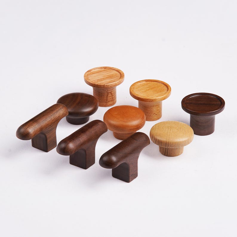 Assorted Solid Wood Cabinet Knobs, Natural Wooden Drawer Pulls, Rustic Dresser Knobs, Walnut Oak Cherry Wood Hardware image 1