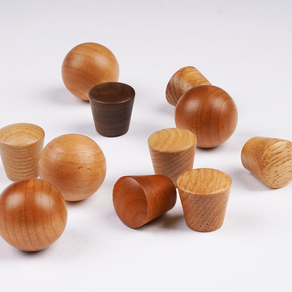 Small Round Solid Wood Cabinet Knobs, Walnut Oak Drawer Pulls, 22mm or 28mm