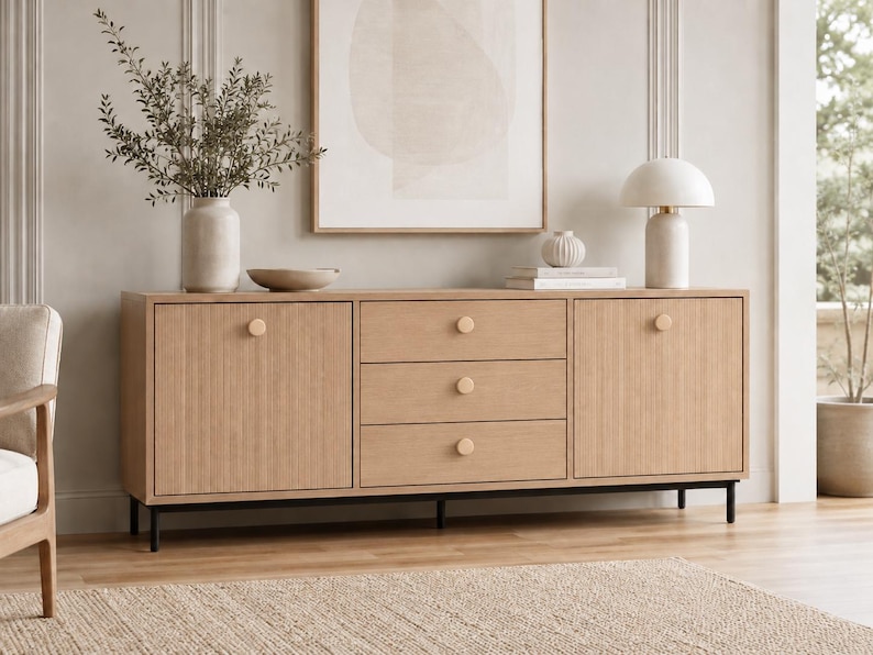 Op de afbeelding: Een dressoir van licht eikenhout met twee zijkasten met verticaal gegroefde deurpanelen en drie centrale lades. Elke deur en lade is voorzien van een kleine, ronde, bijpassende houten knop. Het meubelstuk staat op dunne zwarte metalen poten.