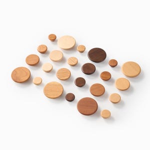 Op de afbeelding: Een verzameling van vierentwintig ronde houten knoppen gerangschikt in een raster. De knoppen vari&euml;ren in grootte en hebben verschillende houttinten, vari&euml;rend van lichtbeige en middenbruin tot donker espresso, met natuurlijke houtnerven.