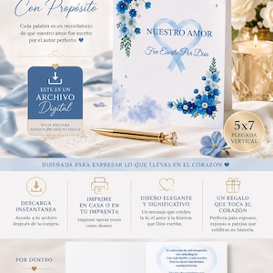 Op de afbeelding: Een digitaal jubileumkaart-sjabloon met blauwe bloemillustraties, een hartgrafiek en de Spaanse tekst 'NUESTRO AMOR Fue Escrito Por Dios'. Het ontwerp bevat een gouden pen, een 5x7 verticale lay-outindicator en tekstsecties aan de binnenkant om thuis of bij een drukkerij af te drukken.