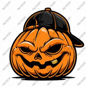 Smirking Gold Tooth Pumpkin PNG, Backwards Cap Halloween Clipart (Digital Download)