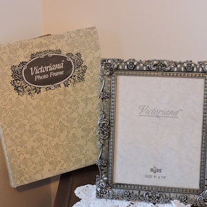 Russ Berrie & Company Metal Victorian Roses Photo Frame | Tabletop Photo Frame | Pewter Looking 8 x 10 Frame | New in Box |