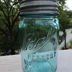 Blue Pint Ball Jar ~ 1910-1923 ~ Perfect Mason ~ Imperfect Ball Jar ~ Off Set Perfect Mason Jar ~ Pint Jar ~ Zinc Lid