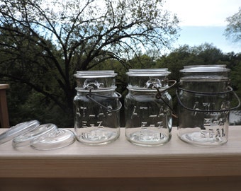 Vintage Canning Jars, Set of 3 Vintage Atlas E-Z Seal Clear Glass Pint Containers with Glass Lids & Wire Bails