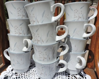 Noritake Woodstock Coffee Cup,  Blue Gray Taupe Tan Flowers Grasses Leaves,  Made in Japan, 8354 Woodstock ~ Free Shipping