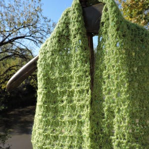 May include: A green crocheted scarf with a textured pattern and small green beads throughout.