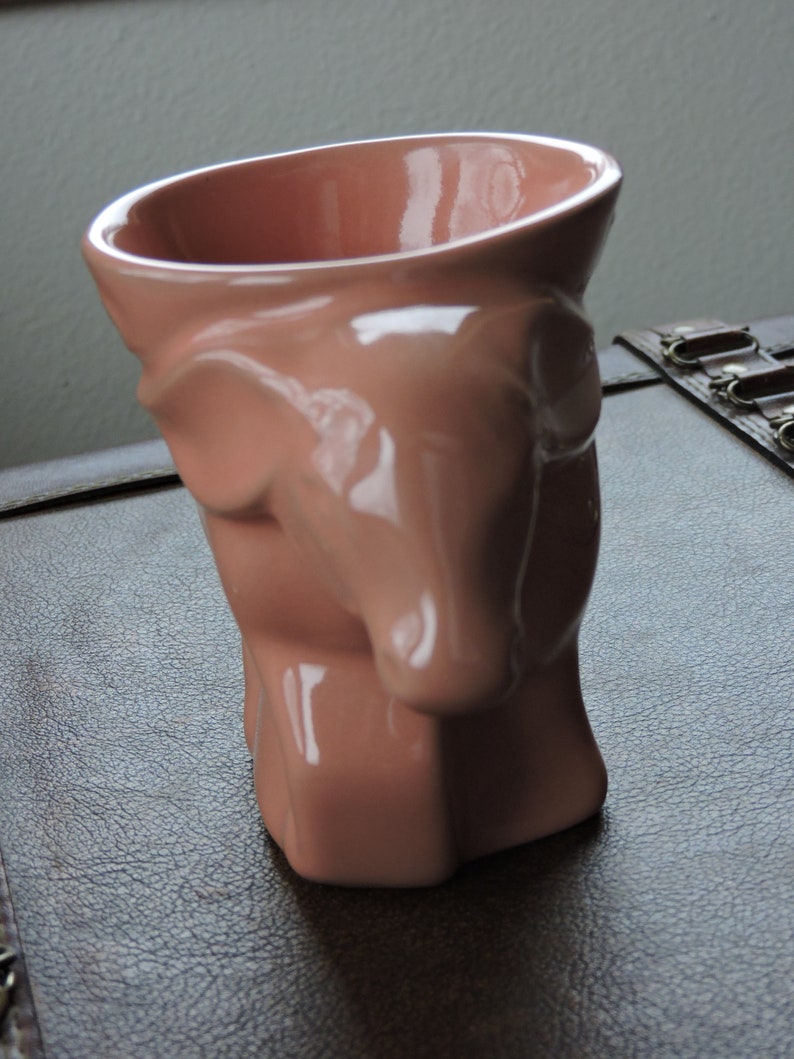 May include: A pink ceramic planter shaped like a dog's head. The planter has a smooth, glossy finish and is ideal for small plants or succulents.