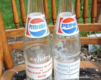 Pepsi-Cola Bottle Commemorative University of Iowa vs Iowa State University 1977 & 1978 ~ ISU ~ U of I ~ Hawkeyes ~ Cylones
