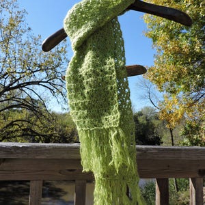 May include: A lime green crocheted scarf with fringe hanging from a wooden hanger. The scarf is displayed against a backdrop of a wooden railing and a body of water.