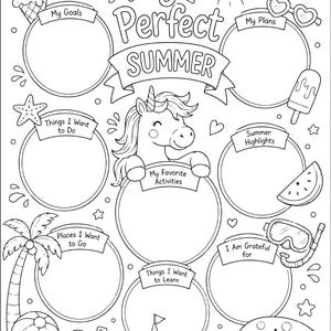 Könnte beinhalten: Schwarz-weiß Sommer-Aktivitätsblatt mit dem Text "My Perfect Summer". Enthält Bereiche für Ziele, Pläne und Aktivitäten, mit Illustrationen eines Einhorns, Eiscreme und Strandartikeln.