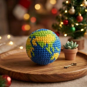 May include: A crocheted globe in blue, green, and yellow sits on a wooden tray. A small succulent in a terracotta pot and a miniature Christmas tree are nearby. A gold-colored key rests on the tray.