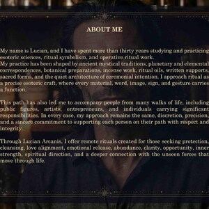 May include: A dark, rectangular informational graphic with a gold-toned border featuring celestial motifs. The text titled ABOUT ME describes the professional background of Lucian Arcanis, detailing expertise in esoteric sciences and ritual work.