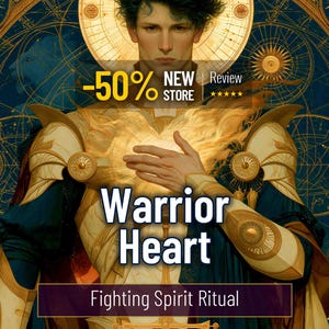 May include: A digital illustration of a figure in ornate gold and blue armor with a glowing light emanating from the chest. The text reads -50% NEW STORE, Warrior Heart, and Fighting Spirit Ritual against a background of golden celestial symbols.