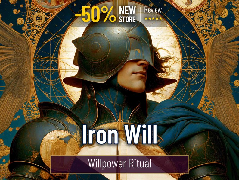 Puede incluir: Una ilustraci&oacute;n digital de una figura con casco y armadura de metal azul oscuro y dorado, sobre un fondo circular dorado con intrincados patrones celestiales y alas. El texto dice Iron Will y Willpower Ritual.