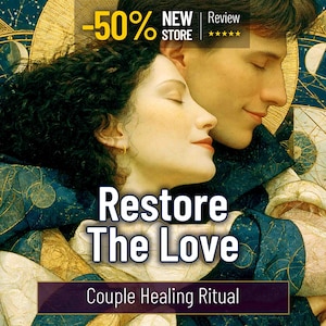 Puede incluir: Una ilustración de una pareja abrazada, con el texto Restore The Love y Couple Healing Ritual. El fondo muestra un mapa celestial dorado con fases lunares, mientras las figuras visten prendas con patrones en azul y dorado.