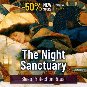 Può includere: Un'illustrazione di una persona che dorme in un letto con biancheria a motivi blu e oro. Il testo recita The Night Sanctuary Sleep Protection Ritual. La scena include una lanterna luminosa, una ciotola d'acqua e motivi celesti sullo sfondo.