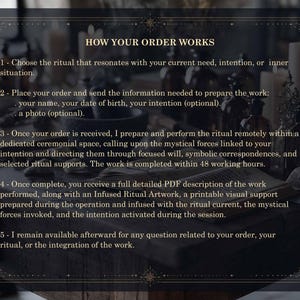 May include: A dark, rectangular informational graphic with gold-toned celestial borders and white text titled HOW YOUR ORDER WORKS. It outlines a five-step process for a ritual service, detailing requirements like name, birth date, and intention.