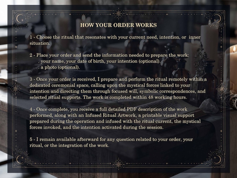 May include: A dark, rectangular informational graphic with gold-toned celestial borders and white text titled HOW YOUR ORDER WORKS. It outlines a five-step process for a ritual service, detailing requirements like name, birth date, and intention.