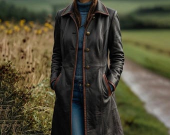 Długi płaszcz z prawdziwej skóry jagnięcej | Czarny płaszcz typu trencz, ręcznie robiony w stylu vintage