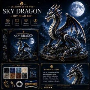 May include: A Sky Dragon DIY bead kit featuring a box with a dragon illustration, a completed beaded dragon figurine, and a tray of assorted colored beads. The packaging includes text such as Guardians of the Wild, Sky Dragon, and Kit Includes.