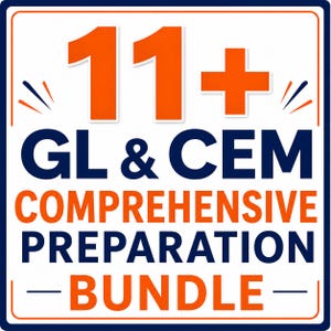 Op de afbeelding: Een vierkante afbeelding met een witte achtergrond en een dunne oranje rand. De tekst luidt 11+ GL & CEM COMPREHENSIVE PREPARATION BUNDLE in dikke oranje en donkerblauwe letters. Kleine oranje en donkerblauwe lijnen accentueren de bovenhoeken.