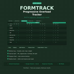 May include: A dark green digital workout tracker template titled FORMTRACK Progressive Overload Tracker. It features a workout log table with columns for exercises, sets, reps, and weight, plus sections for progress charts, weekly goals, and split selectors.