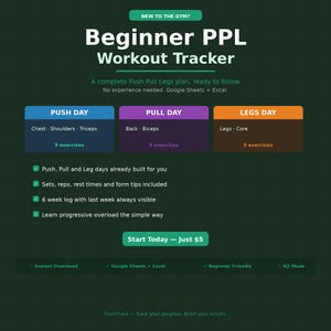Workout-spreadsheet voor beginners, push-pullbenen PPL-planner, Google Spreadsheets sportschoollogboek, trainingstracker, fitnesslogboek, Excel-sjabloon
